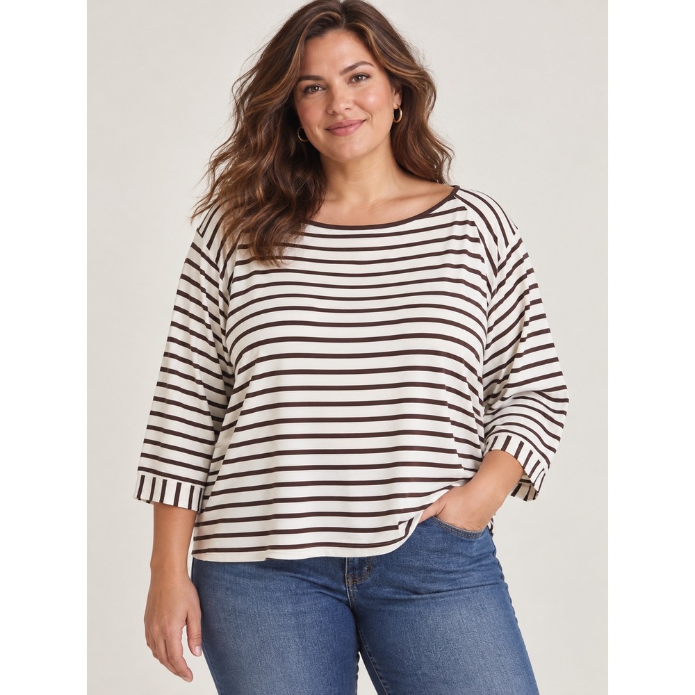 J. Jill Wearever Striped Boat Neck 3/4 Sleeve Top Brown Cream Rayon Blend